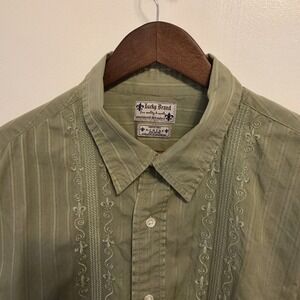 Lucky Brand Mens XL Green long-sleeve button-down Shirt Vertical Embroidered